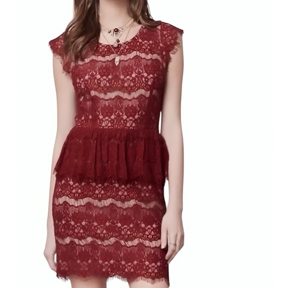 Anthropologie Maeve Elsa Burgundy Lace Peplum Lined Dress Size XS - Picture 11 of 11